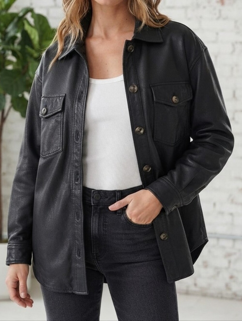 Aritzia Wilfred The Ganna Faux Leather Shacket Black Button Front XLarge
